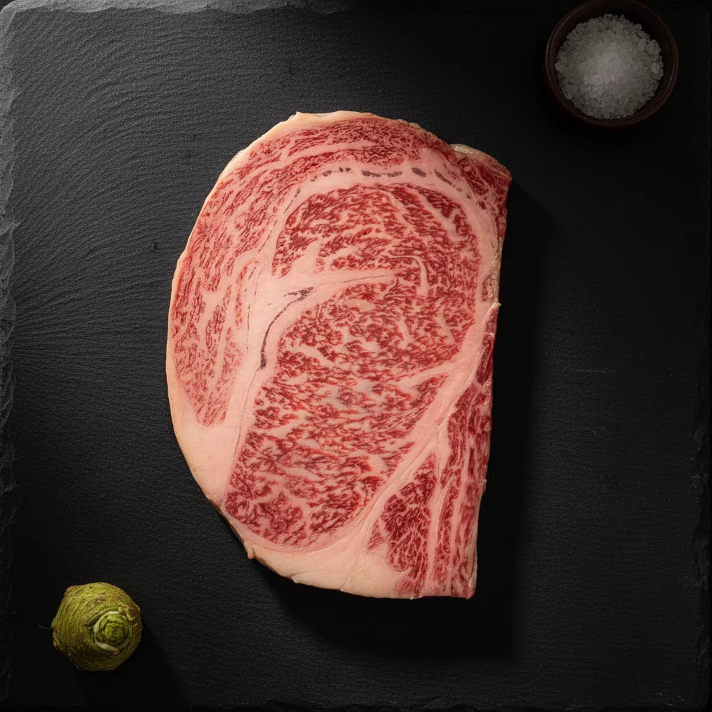 Raw Japanese A5 Wagyu ribeye showing fine marbling for a cooking-yield guide