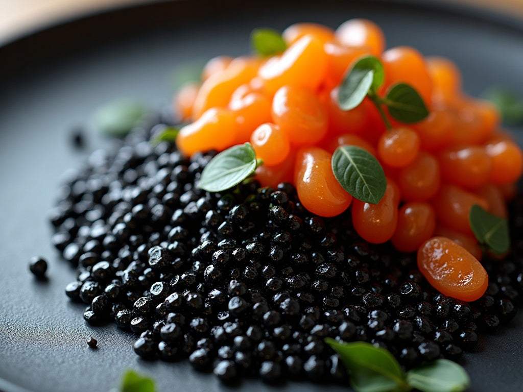 Spanish New Year's Eve table with caviar, grapes, and cava for celebration