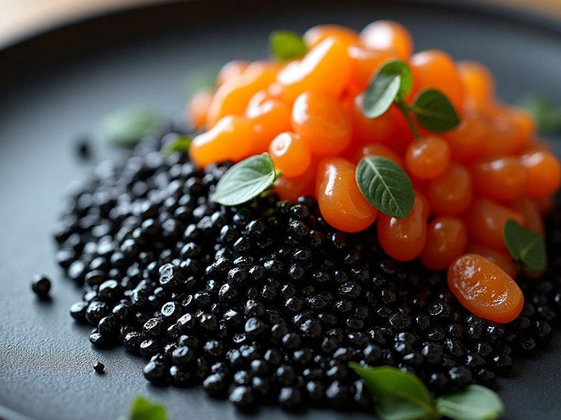 Spanish New Year's Eve table with caviar, grapes, and cava for celebration