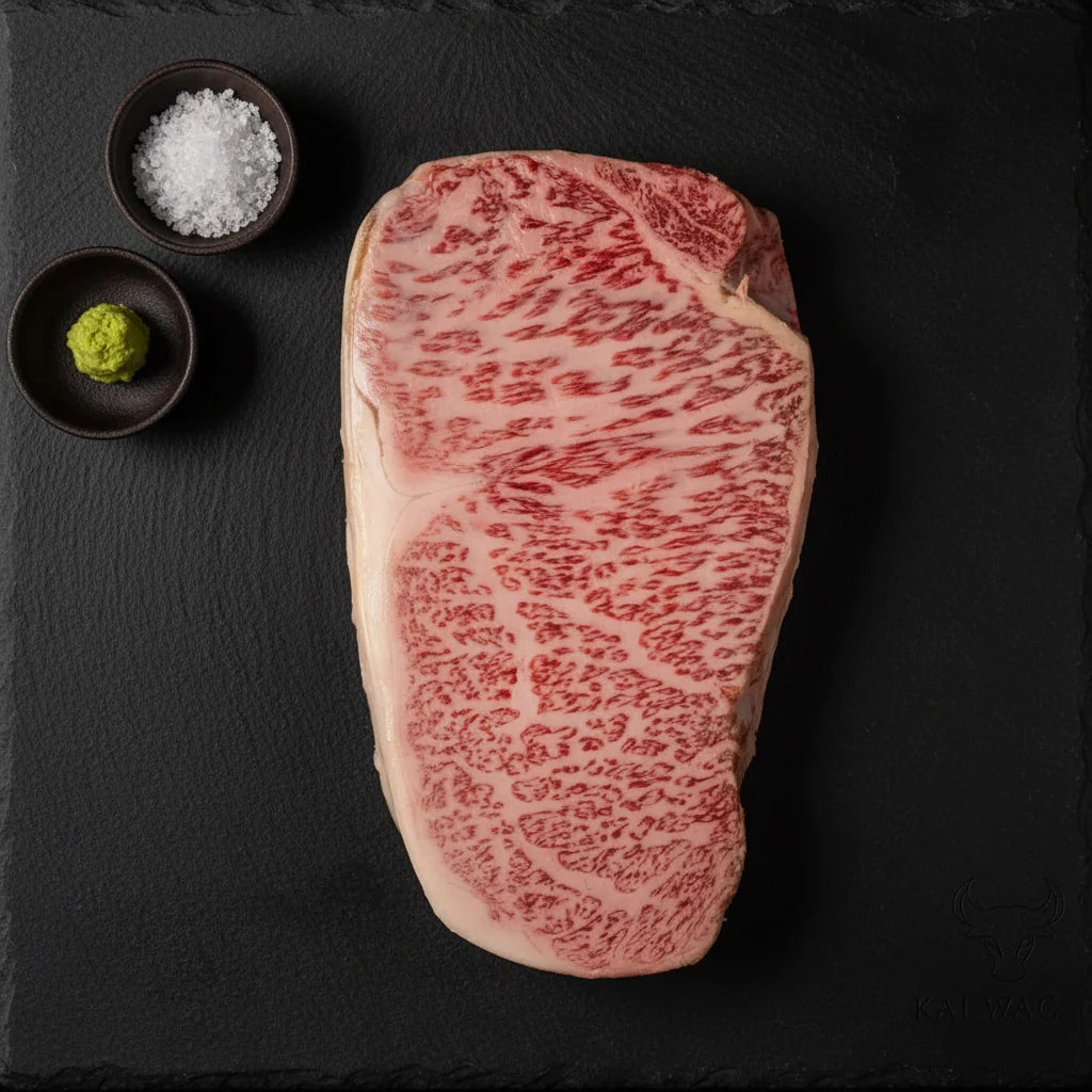 Raw Japanese A5 Wagyu sirloin steak with salt and wasabi on black slate