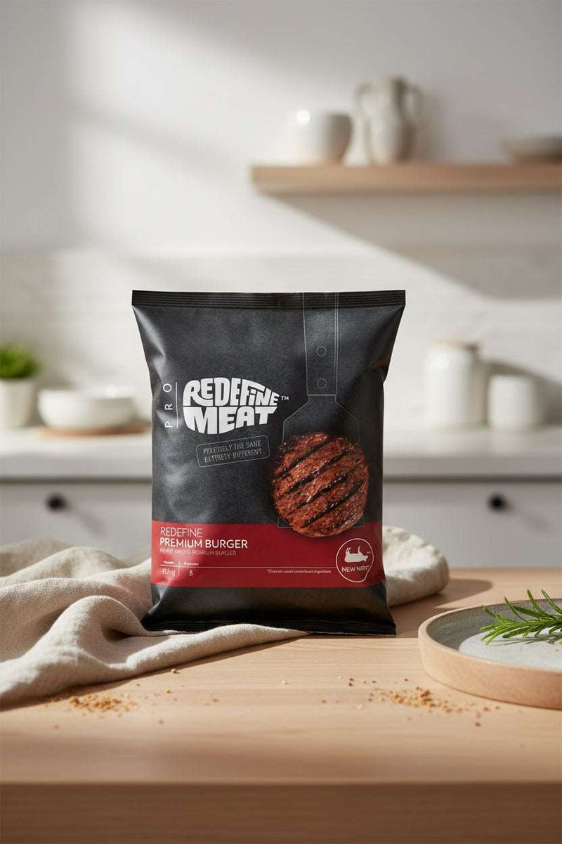 Redefine Meat premium vegan burger, plant based meat, frozen, raw on a board
