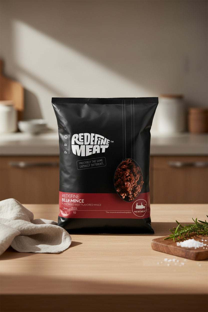Vegan beef mince, plant based meat, frozen Redefine Meat, raw in a pack