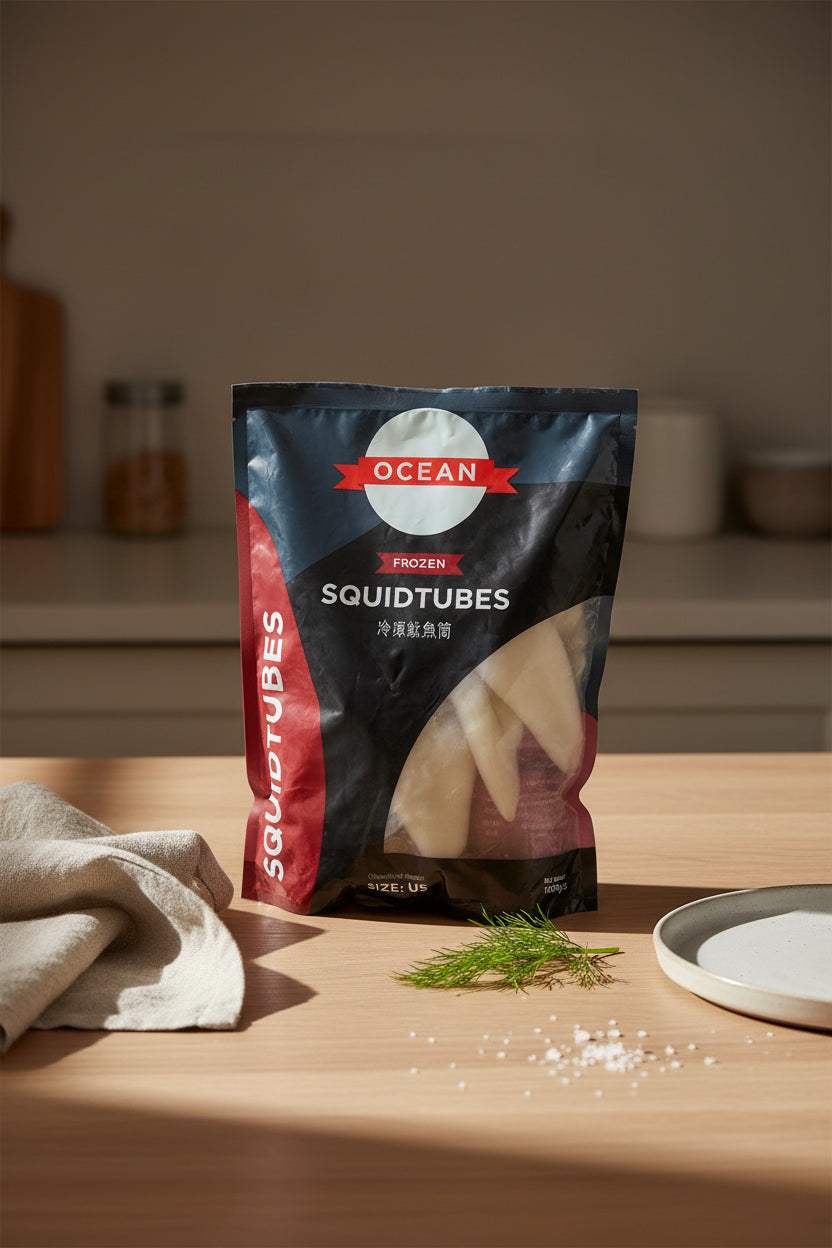 Frozen squid tubes 1kg pack with 700g net weight