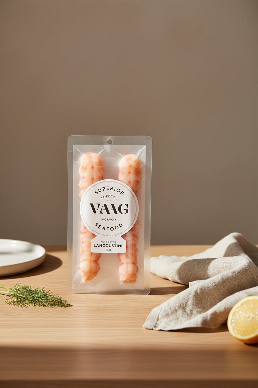 Raw langoustine tails, size 8/12, frozen, on a dark surface