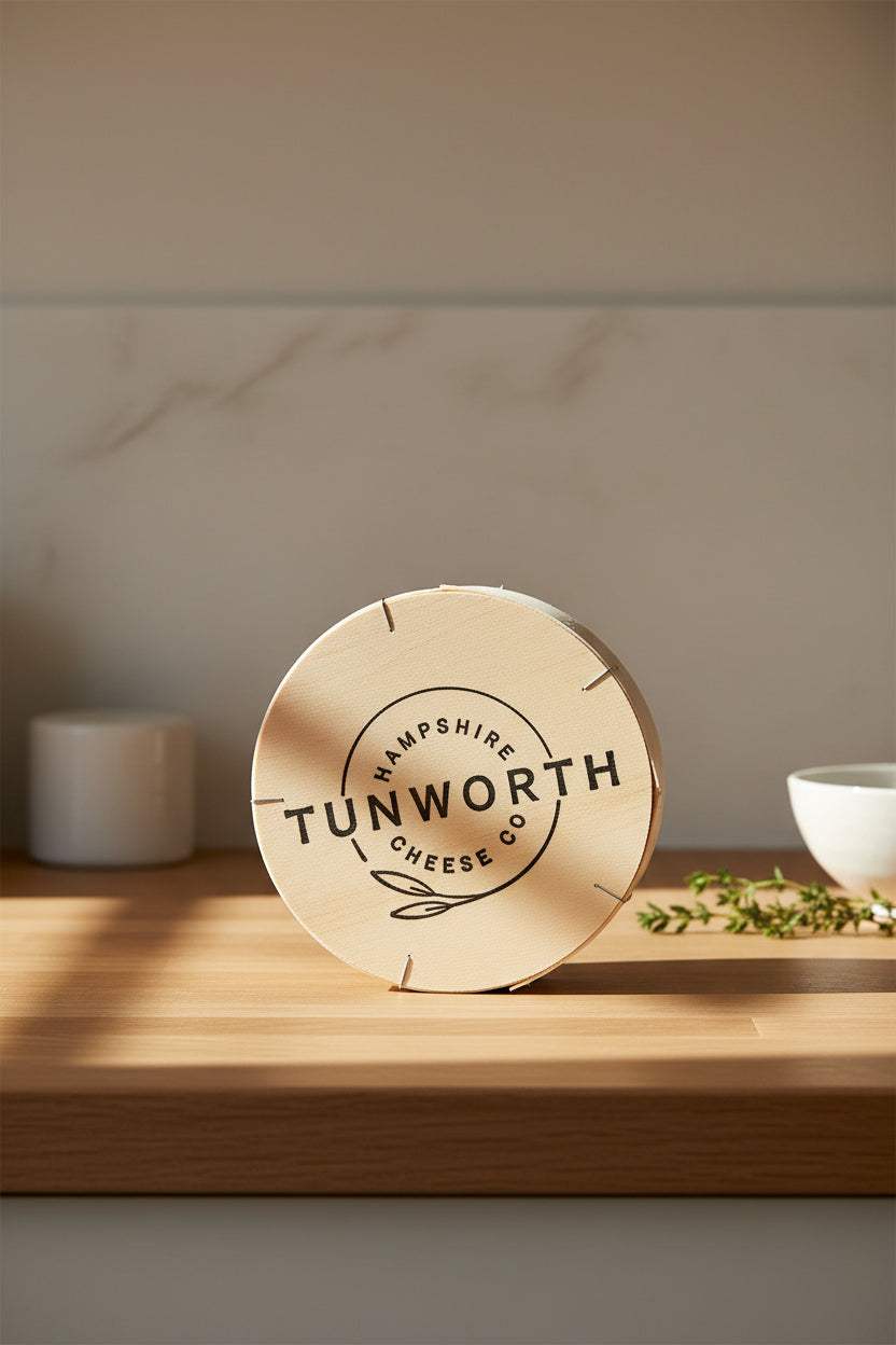 A cheeseboard with Tunworth British Camembert, grapes and a glass of wine