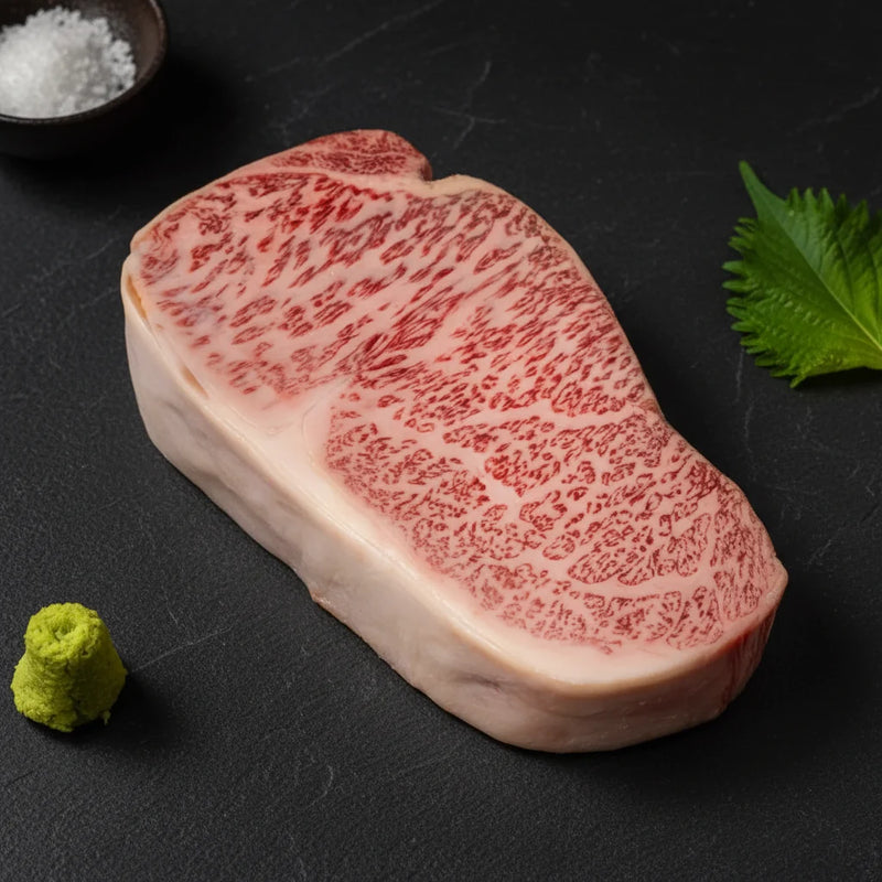 Raw Japanese A5 Wagyu sirloin with fine marbling and wasabi