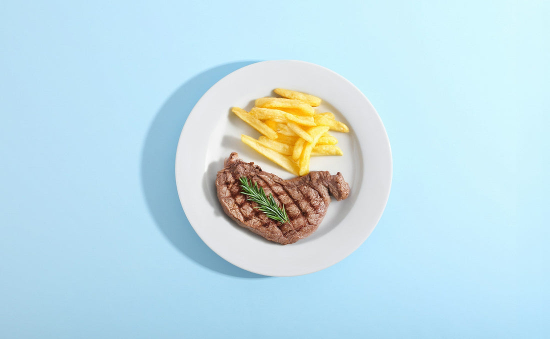 Steak and potatoes on a plate; editorial image for meal budgeting