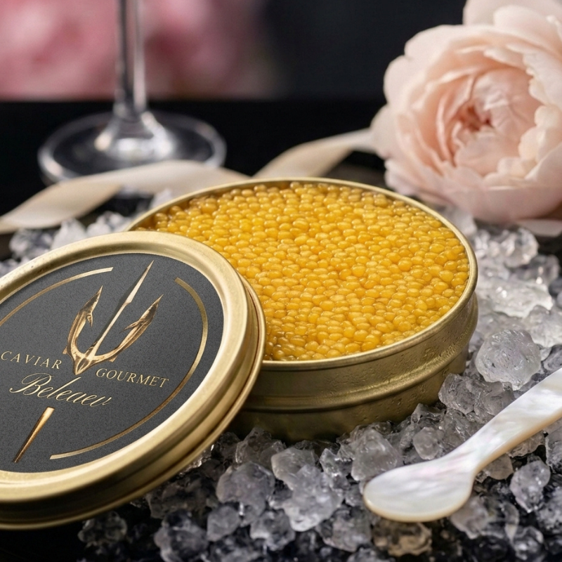 Most expensive Almas golden caviar served on a mother of pearl spoon