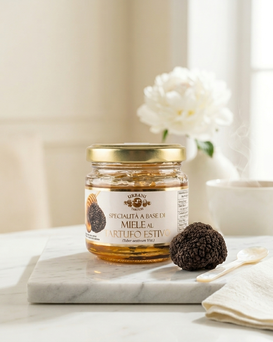 Jar of Summer Truffle Honey 90gr with honey and truffles on wooden surface