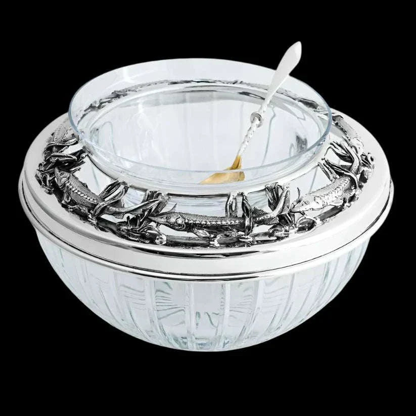solid sterling silver caviar bowl with trout motif
