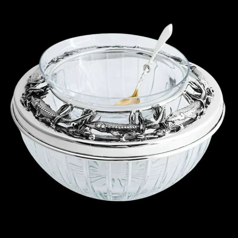 solid sterling silver caviar bowl with trout motif