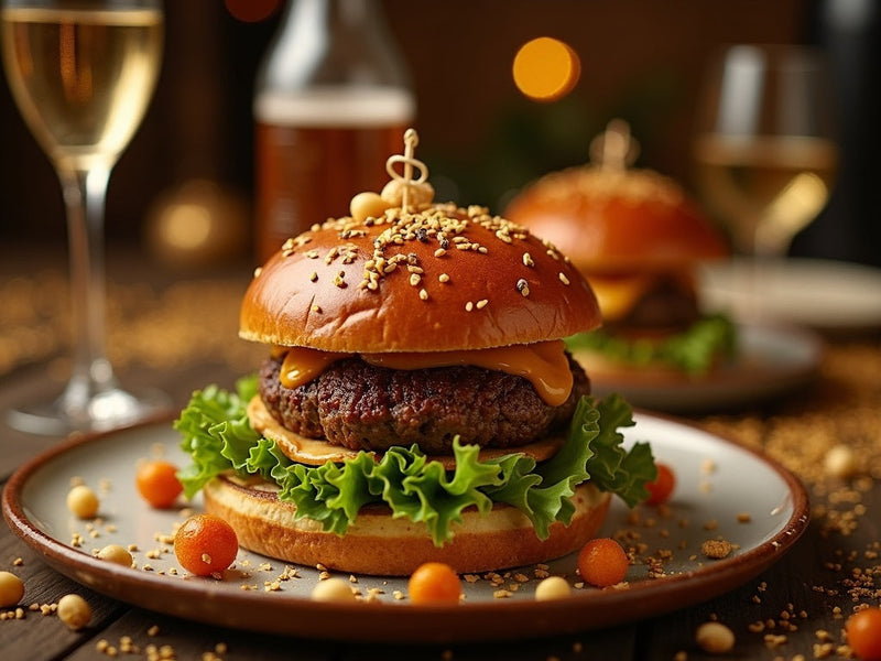 Gourmet burger with a sesame bun, lettuce and cheese sauce on a plate