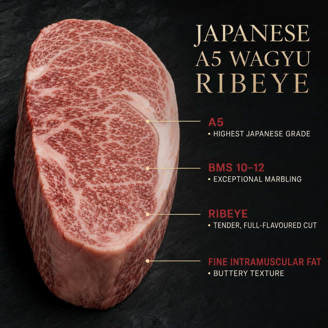 Japanese A5 Wagyu grading infographic showing A5 grade and BMS 10–12 marbling