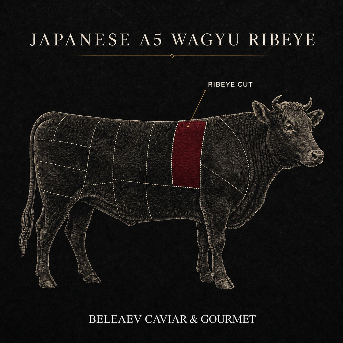 Diagram showing the ribeye cut on Japanese Wagyu cattle
