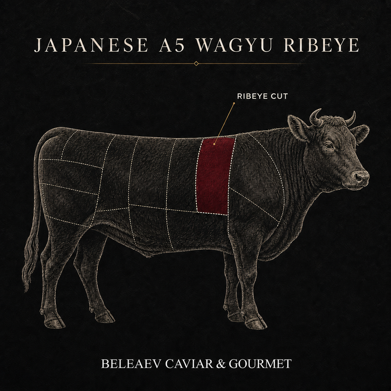 Diagram showing the ribeye cut on Japanese Wagyu cattle