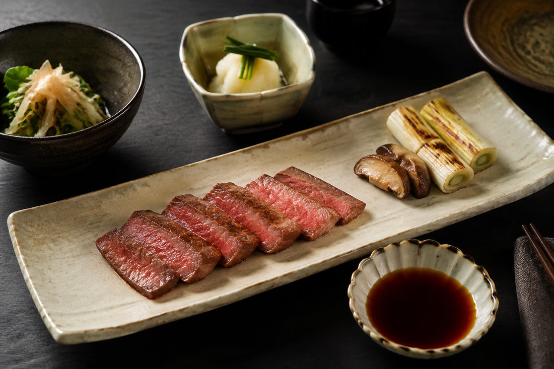 Sliced marbled steak with Japanese-inspired sides for a Kobe Beef serving guide