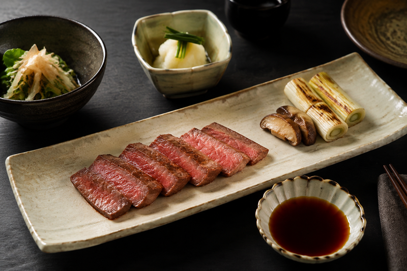 Sliced marbled steak with Japanese-inspired sides for a Kobe Beef serving guide