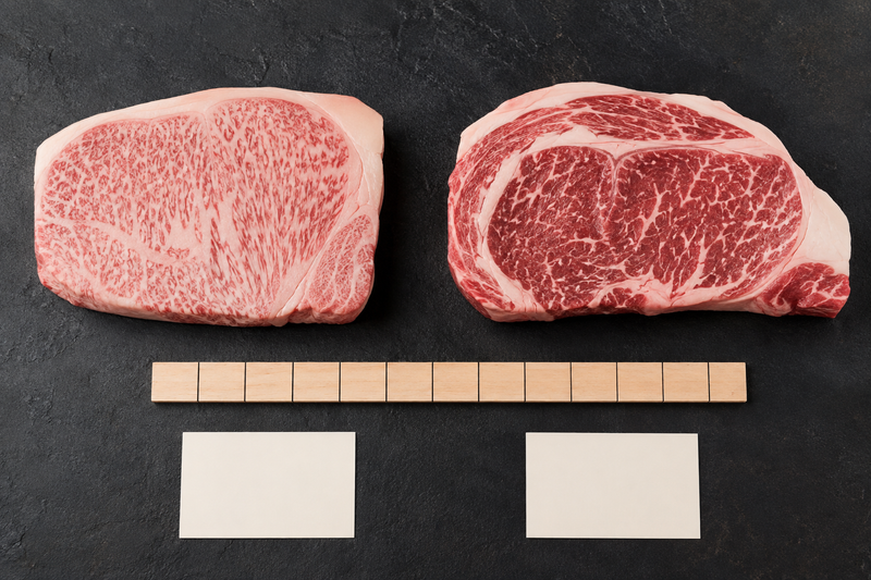 Two marbled Japanese-style beef cuts compared for a Kobe Beef grading guide