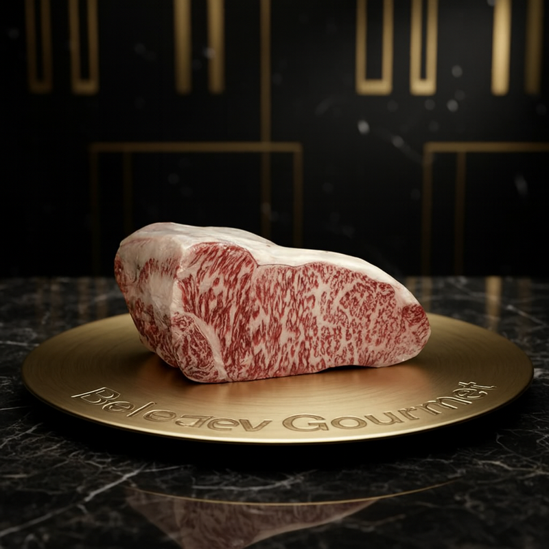 Whole Japanese A5 Wagyu sirloin with dense marbling on a gold platter
