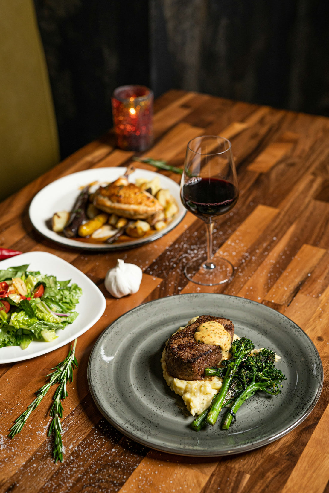 Steak dinner with wine arranged for a two-person tasting menu