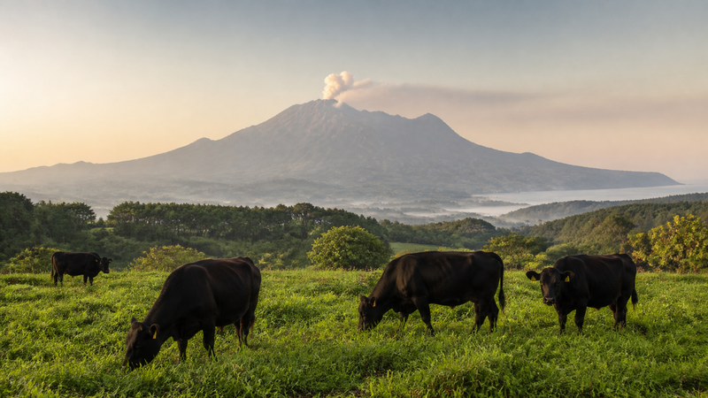 Kagoshima Wagyu cattle grazing in southern Japan with volcanic mountains at dawn