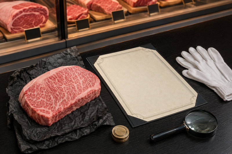 Marbled steak beside blank provenance documents for a Kobe Beef certificate checklist