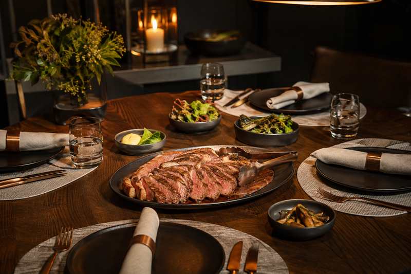 Shared platter of sliced steak at an elegant table for a Kobe Beef dinner party guide