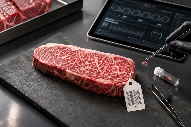 Marbled steak with a traceability tag and inspection tools for a Kobe Beef DNA guide