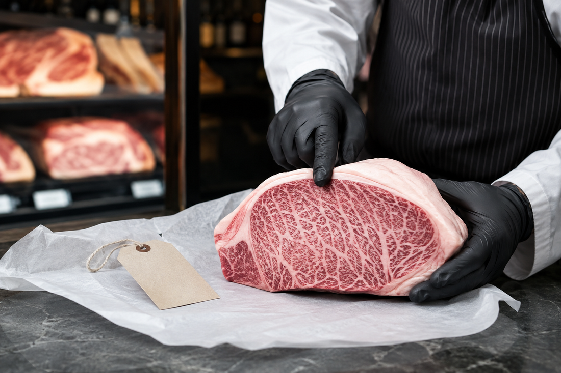Butcher presenting a highly marbled steak for a UK Kobe Beef buying guide