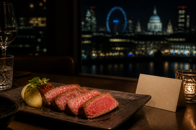 Fine-dining steak with the London skyline for a Kobe Beef authenticity guide