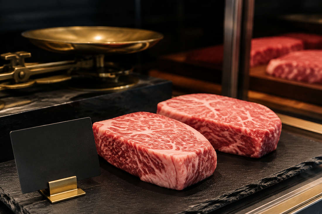 Marbled steaks beside a scale and blank price card for a UK Kobe Beef price guide