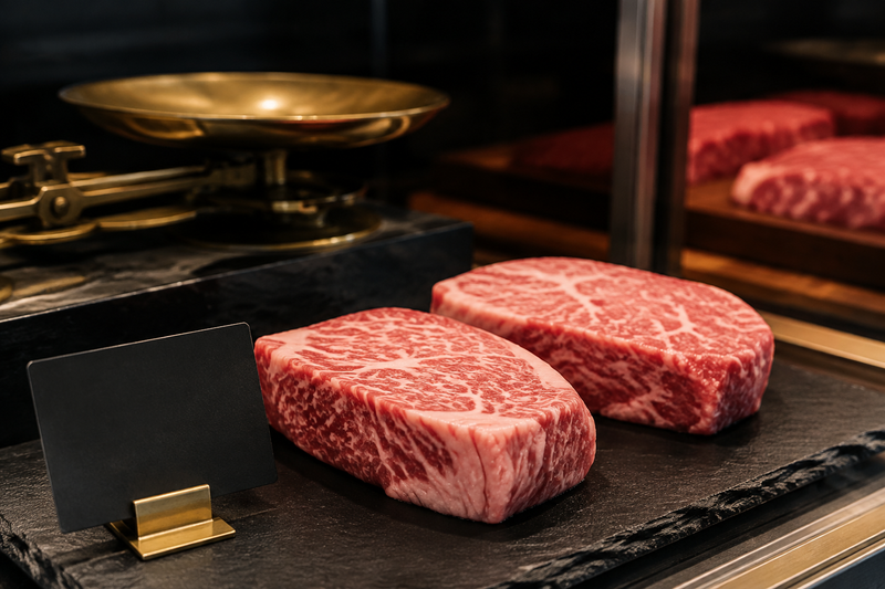Marbled steaks beside a scale and blank price card for a UK Kobe Beef price guide