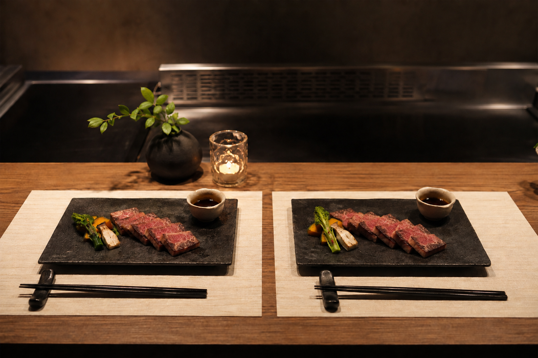 Two medium-rare steak tasting plates for a Kobe Beef menu for two guide