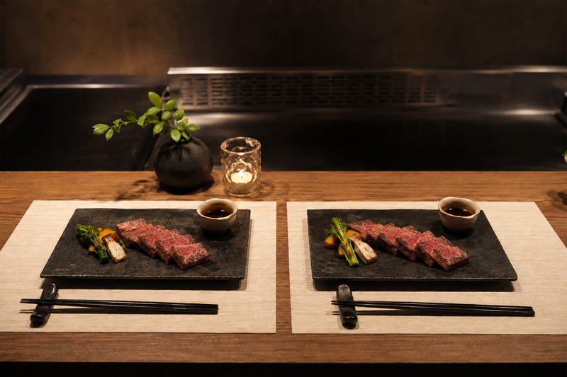 Two medium-rare steak tasting plates for a Kobe Beef menu for two guide