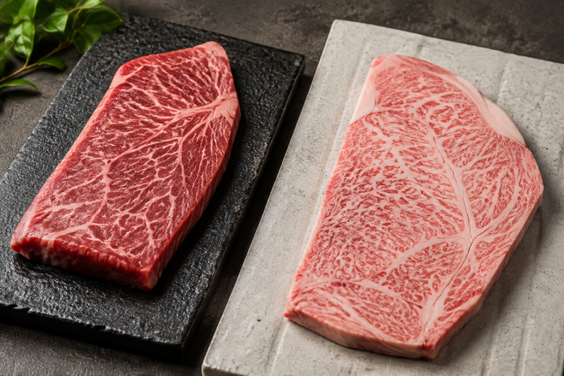 Two marbled Japanese-style beef cuts compared for a Kobe and Matsusaka guide