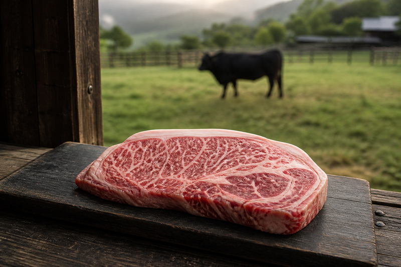 Marbled steak with Japanese cattle in the background for a Kobe and Tajima guide