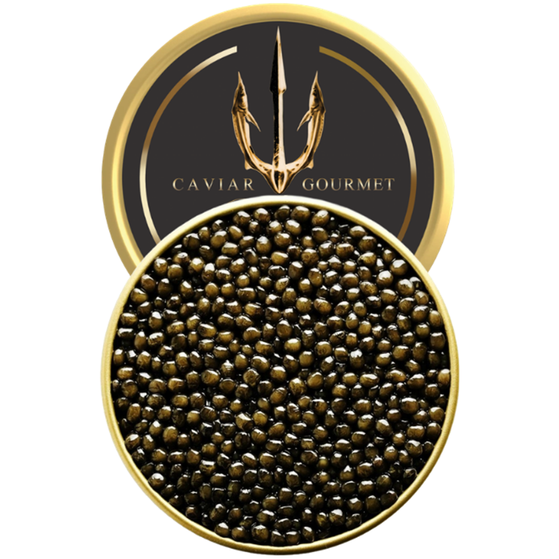 Tin of Oscietra Royal Caviar with grey-golden eggs and a briny sweet buttery taste
