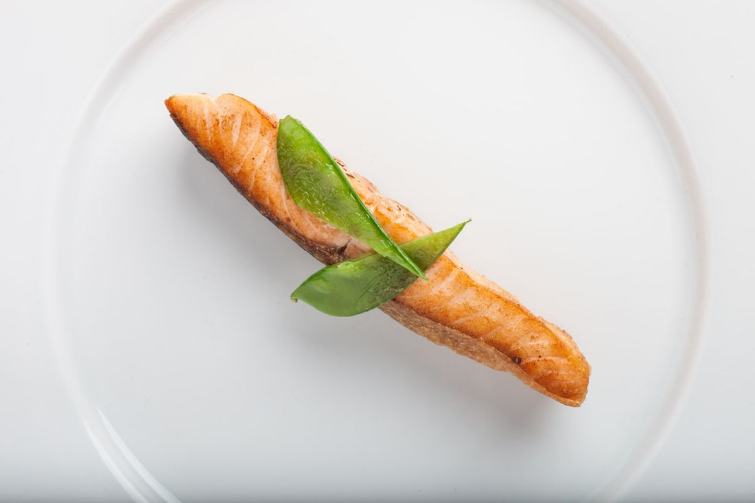 Cooked salmon fillet served on a white plate