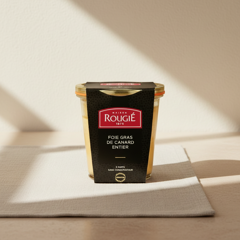 Rougie Whole Duck Foie Gras 180g, Glass Jar catalogue image for Traditional Duck Foie Gras vs FoieGood Ethical Duck Foie