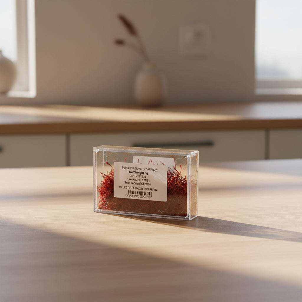Deep red Spanish saffron threads in the 5g Beleaev pack