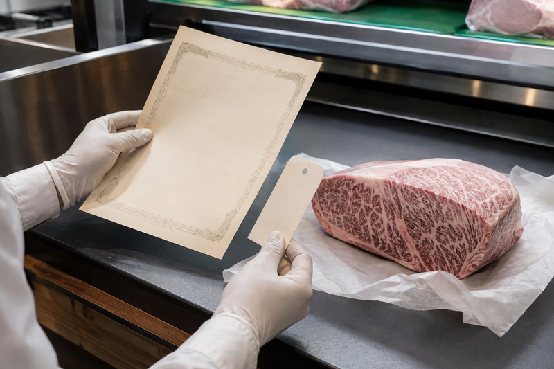 Inspector comparing marbled steak with blank provenance papers for a Kobe Beef certificate guide