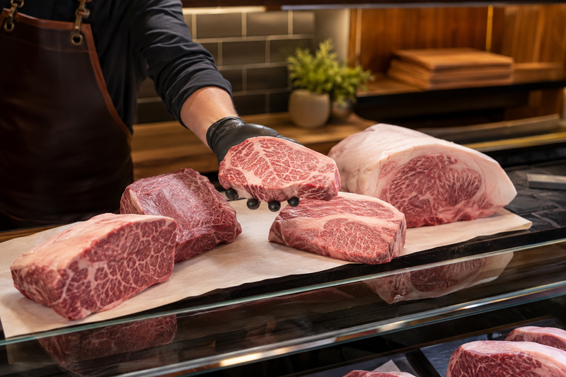 Butcher presenting marbled steak cuts for a UK Kobe Beef buying guide