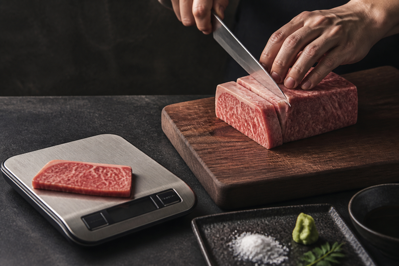 Careful portioning of marbled steak beside a scale for a Kobe Beef price guide