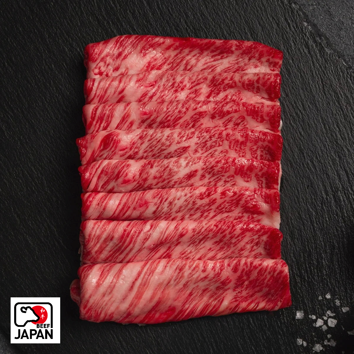 Japanese A5 Wagyu sliced chuck roll with Beef Japan origin badge