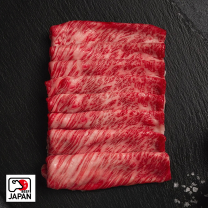 Japanese A5 Wagyu sliced chuck roll with Beef Japan origin badge