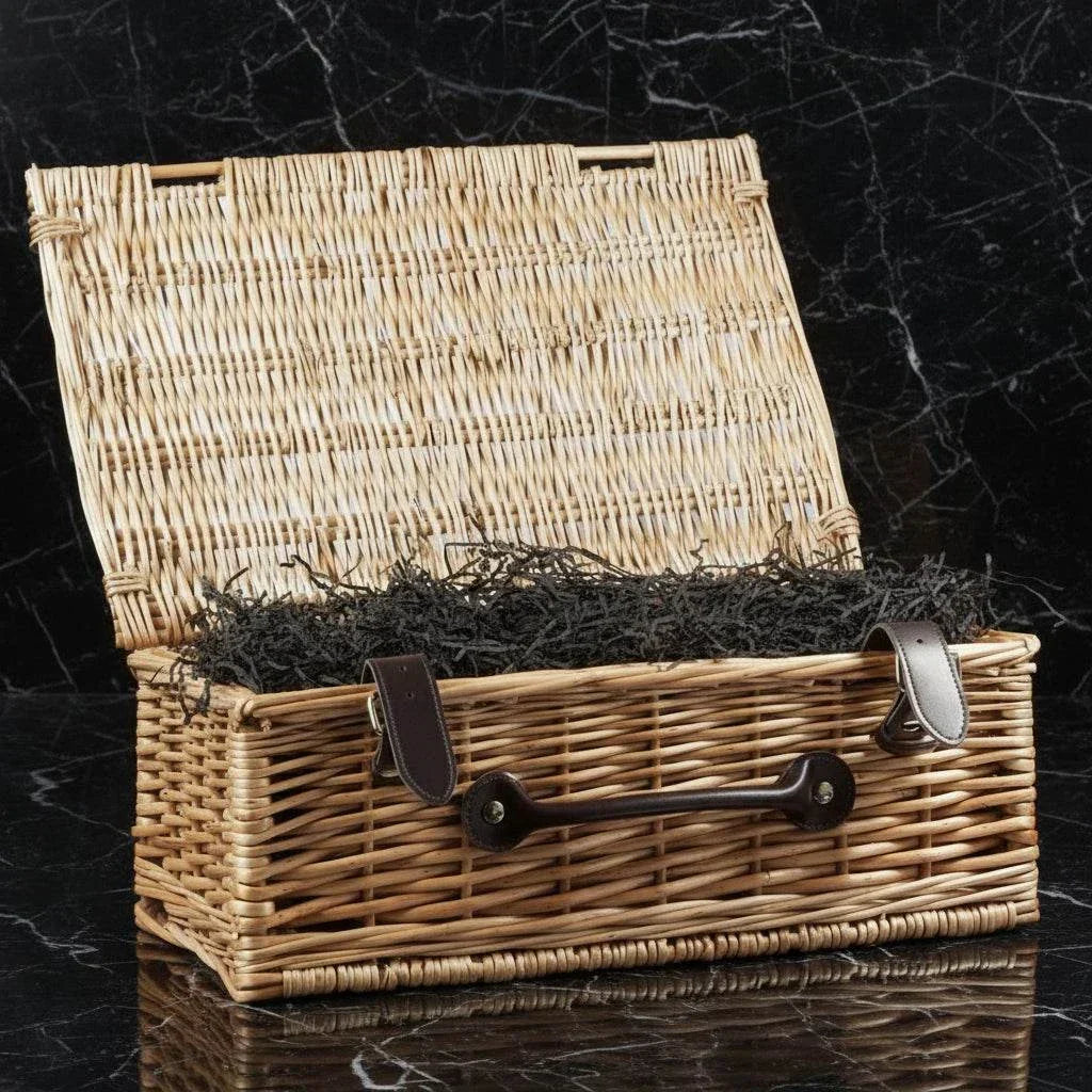14-inch traditional wicker hamper basket with hinged lid and leather closures