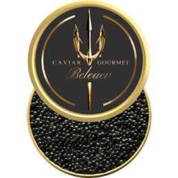 Tin of Royal Baeri Caviar with grey medium-sized pearls displaying sweet nutty flavor