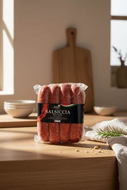 500g pack of Italian Chilli Sausage with guide pricing and chilled storage information