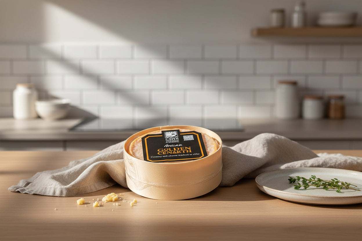 Golden Cenarth washed-rind British cheese 200g on wooden board