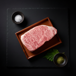 Raw Japanese A5 Wagyu ribeye steak on a wooden tray with salt and wasabi